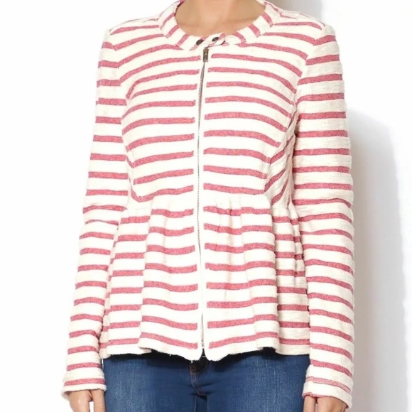Free People Full Zip Peplum Striped Tweed Jacket in Ivory/Red Size M - Picture 3 of 13